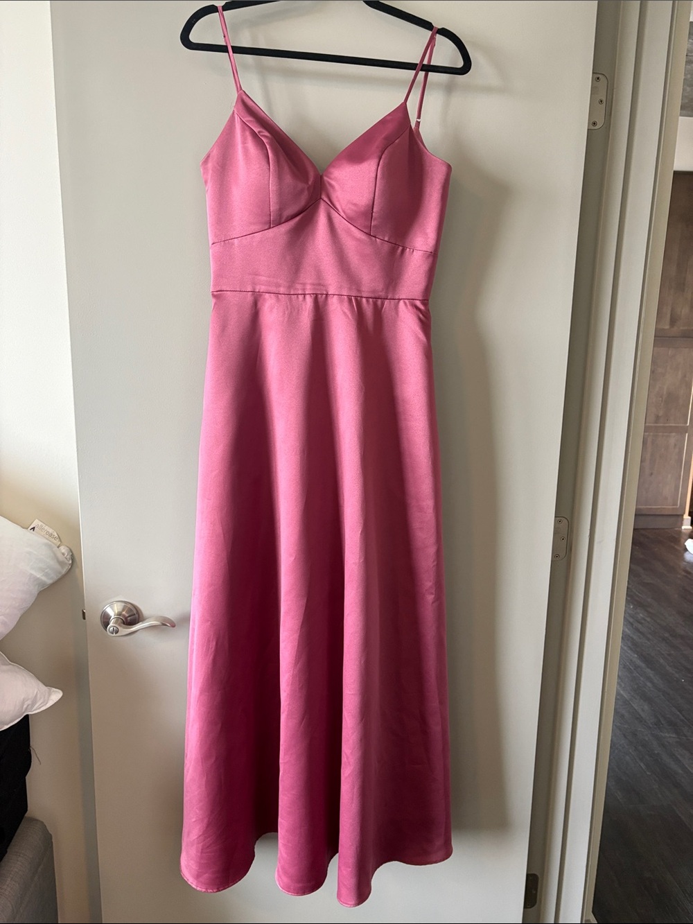 Satin Pink Spaghetti-Strap Midi Dress